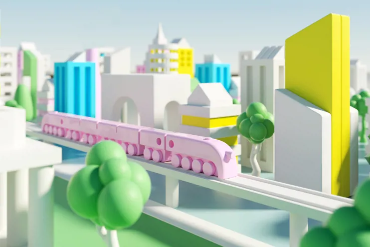 Digital generated image of futuristic pink train in toy cityscape