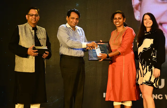 From left to right: Shekhar Sanyal, Suresh Prabhu, IET India Young Woman Engineer of the Year 2022 Neethu George and Toni Allen