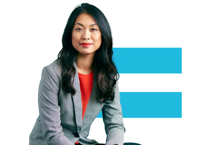 Professional business woman with blue equal sign behind