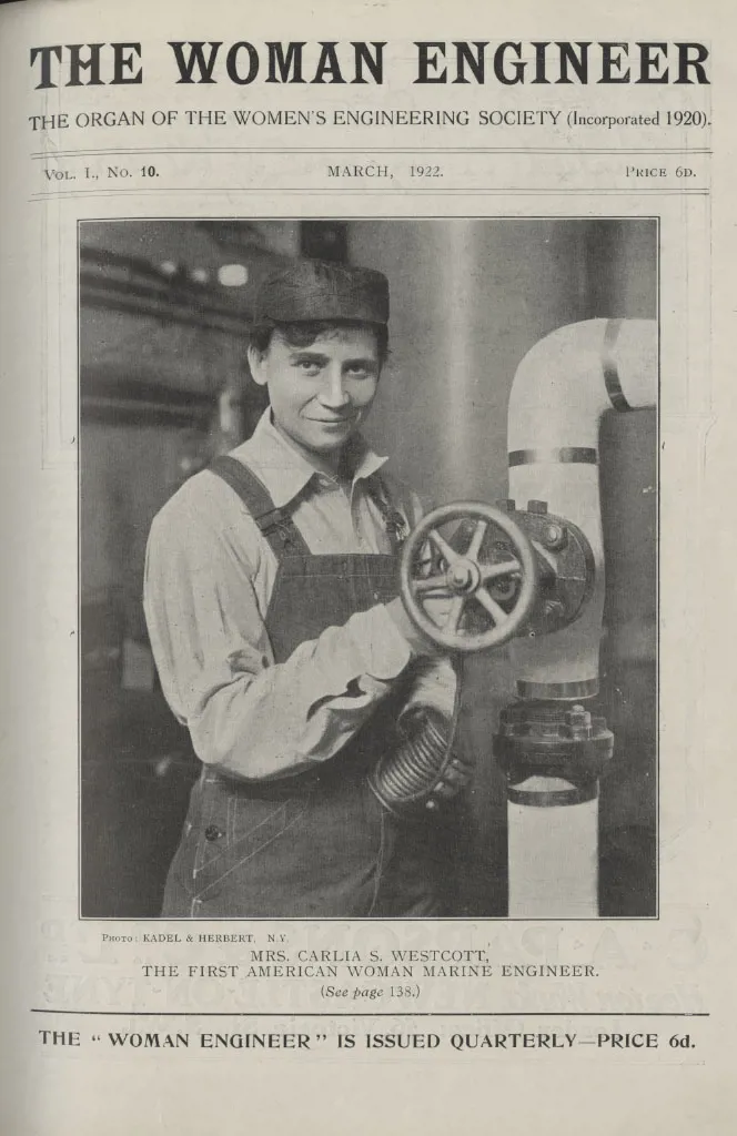 Mrs Westcott, marine engineer, on the cover of The Woman Engineer journal, March 1922