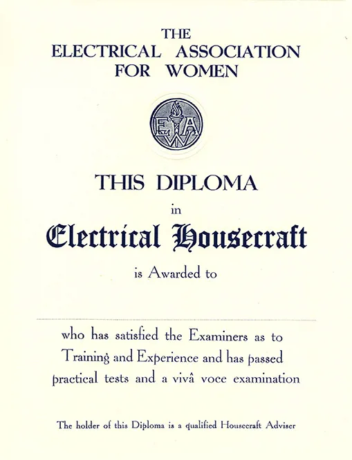 Electrical Association for Women Diploma in Electrical Housecraft certificate ref. NAEST 93/04/02/01.