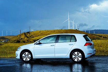 Image of a white car in front of hills with wind turbines and dark clouds