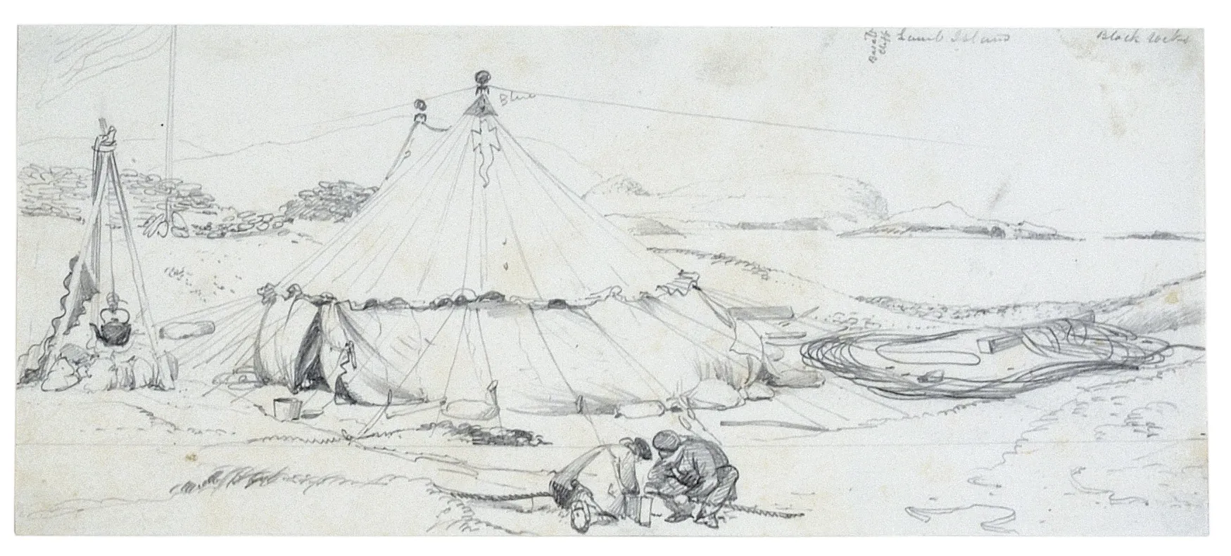 Sketch of people setting up camp ashore