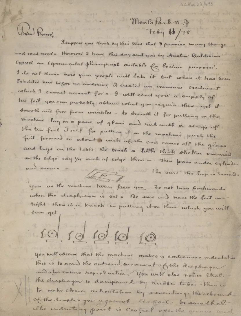 Letter from Thomas Edison to William Preece page 1 ref. IET Archives SC MSS 022/VI/493
