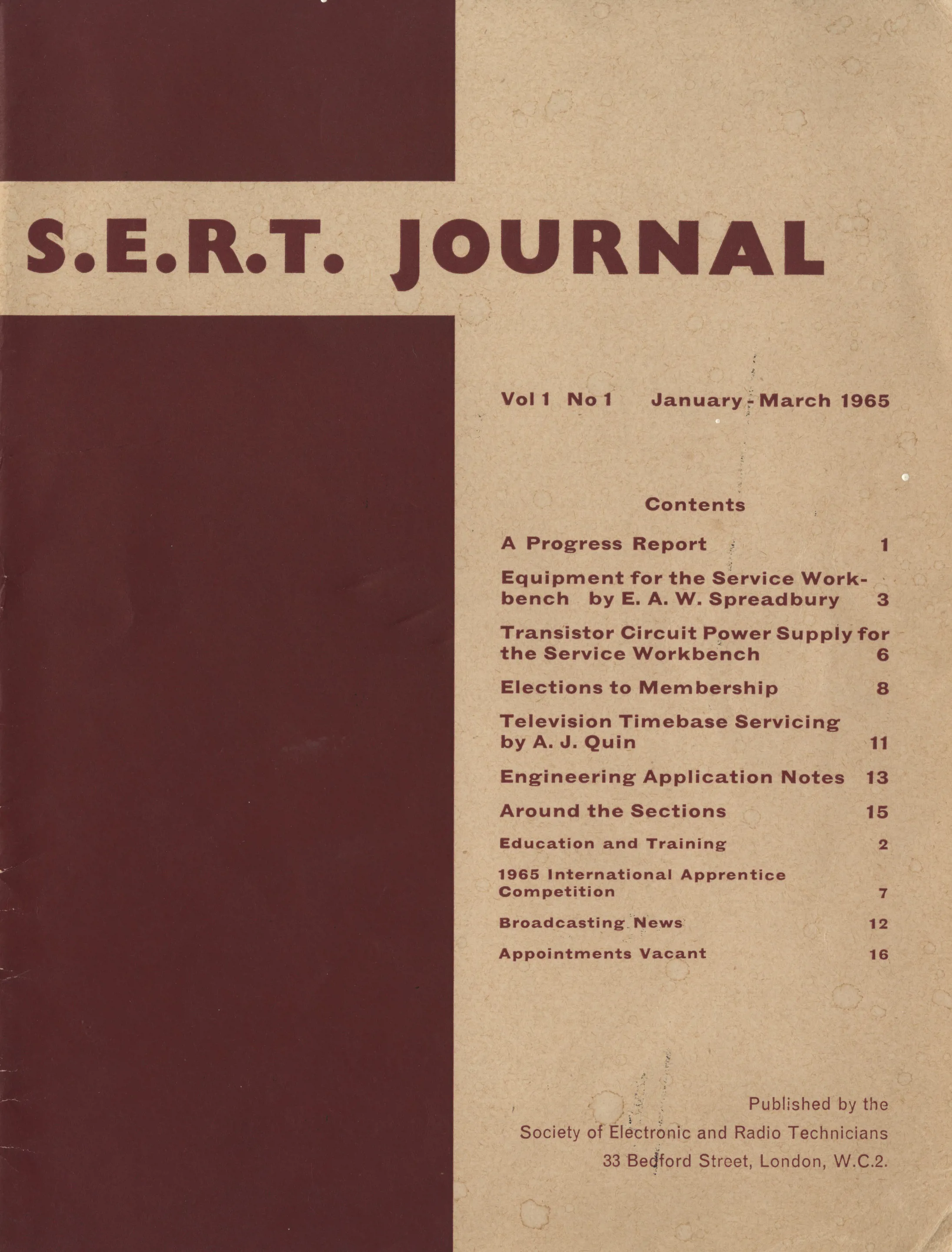 Cover of first SERT Journal 1965 ref. IET images IIE/IEEIE/SPE/01/01
