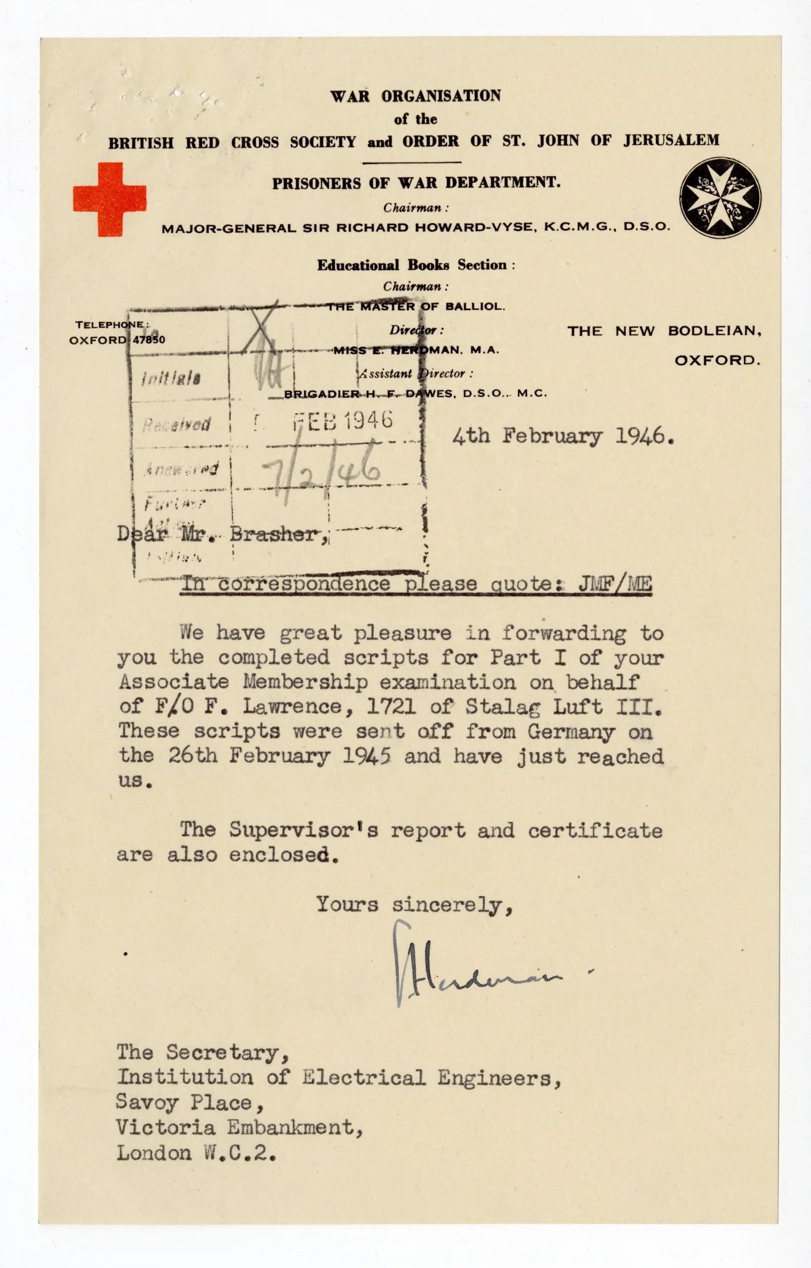 Letter from the Red Cross to the IEE, regarding completed examination papers from F Lawrence, Stalag Luft III ref. IET/DEP/09/23/01/01
