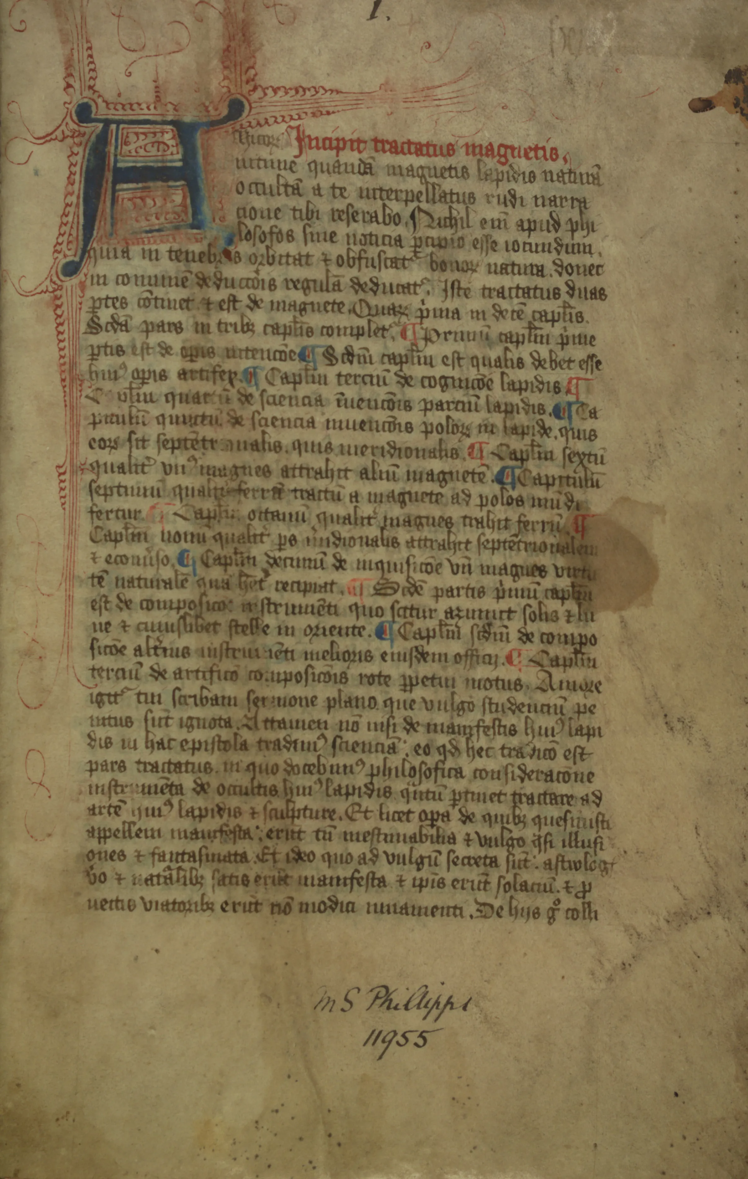 First page of the 14th century manuscript of Peter Peregrinus and Chaucer, from the Thompson Library
