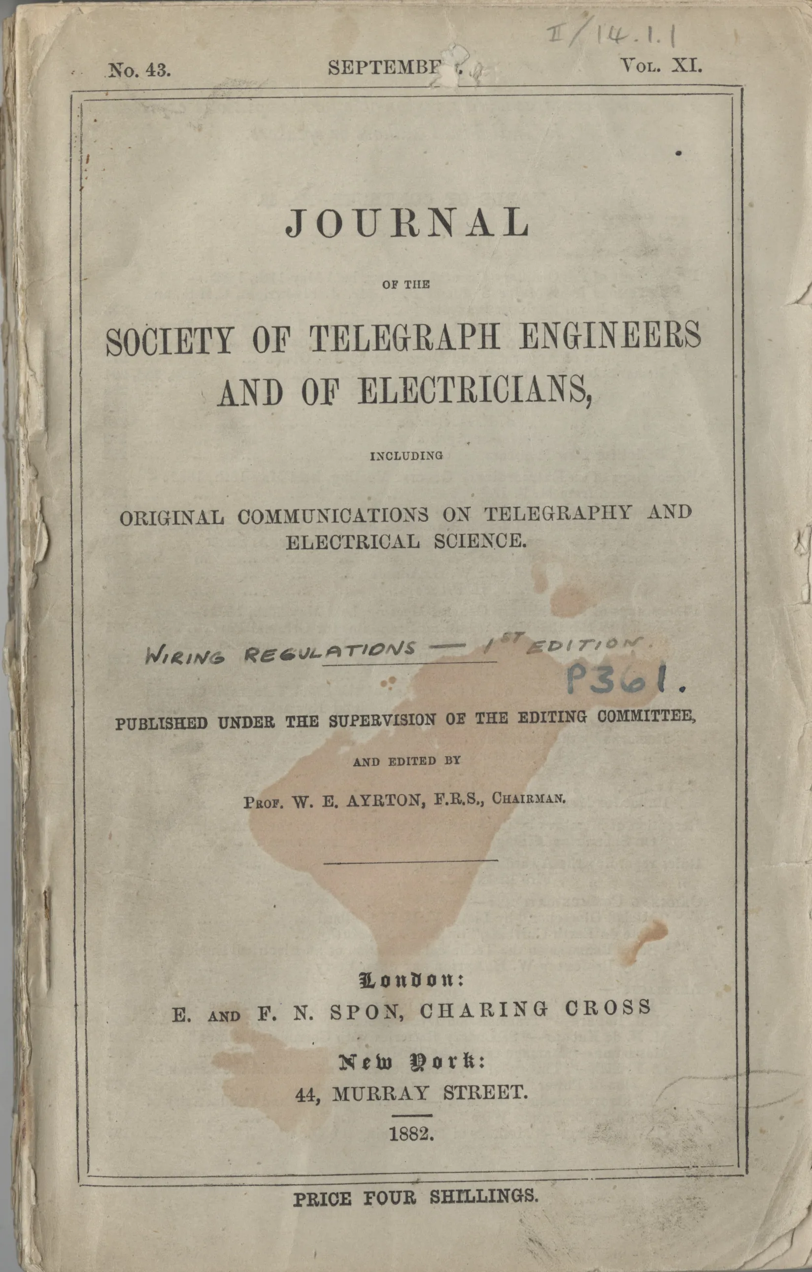 Cover of the STEE Journal that includes the first edition of the Wiring Regulations 1882