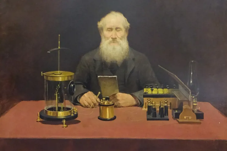 Portrait of Sir William Thompson Lord Kelvin By E Goodwyn Lewis Close showing Kelvin with his apparatus. Ref. OPC 02 041