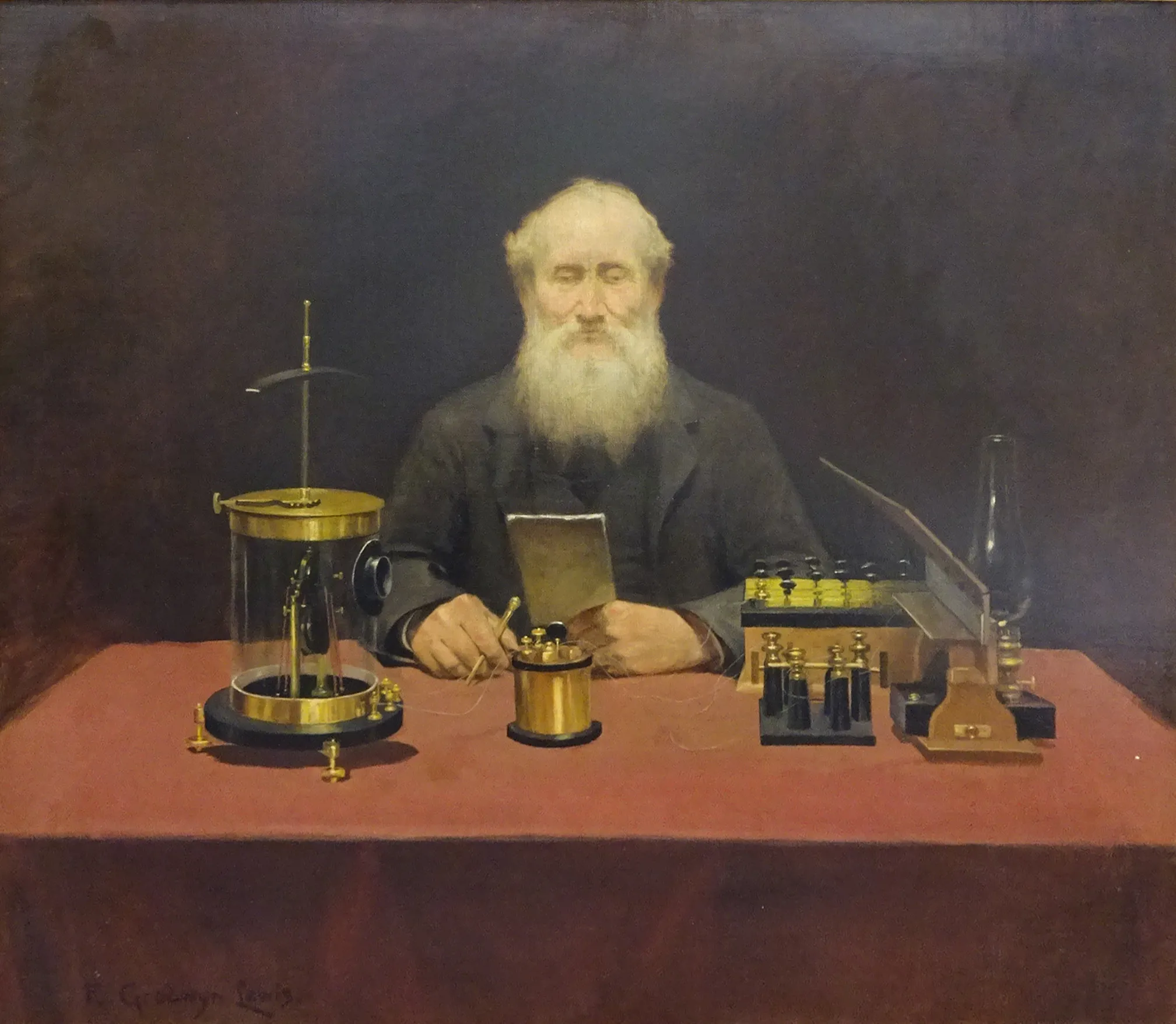 Portrait of Sir William Thompson Lord Kelvin By E Goodwyn Lewis Close showing Kelvin with his apparatus, ref.  OPC 02 041
