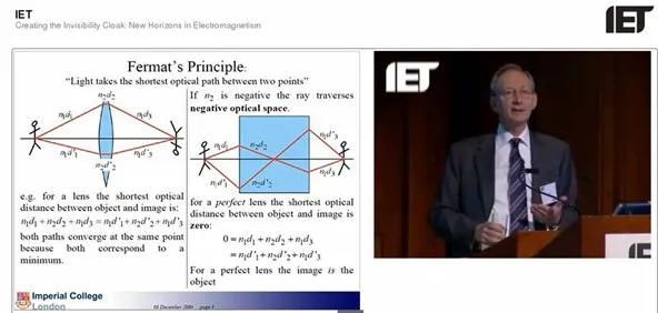Film still from the 2009 Kelvin Lecture presented by Professor Sir John Pendry.
