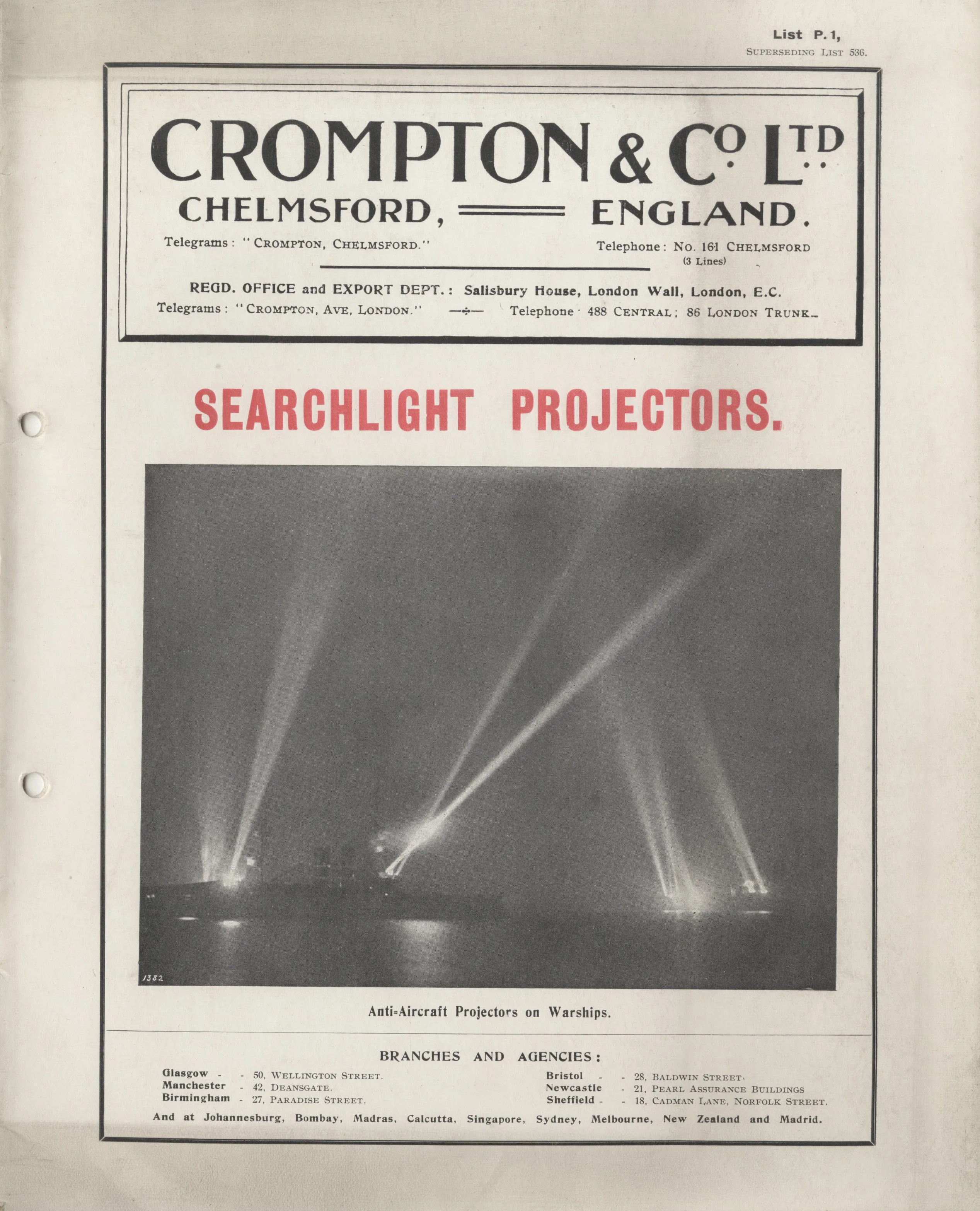 Crompton & Co catalogue for Searchlights 1916